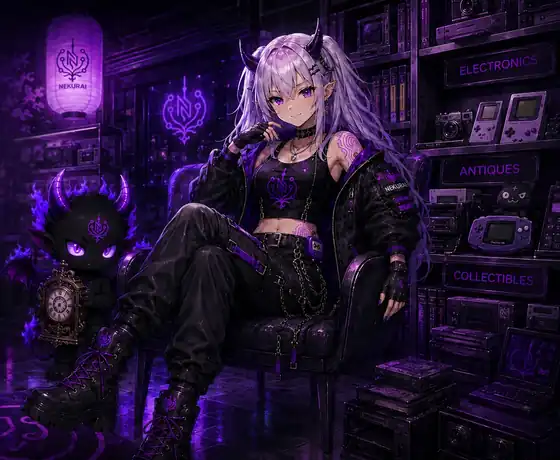 The Nekurai back room, as painted — Astrid and Chibi-mon among the shelves